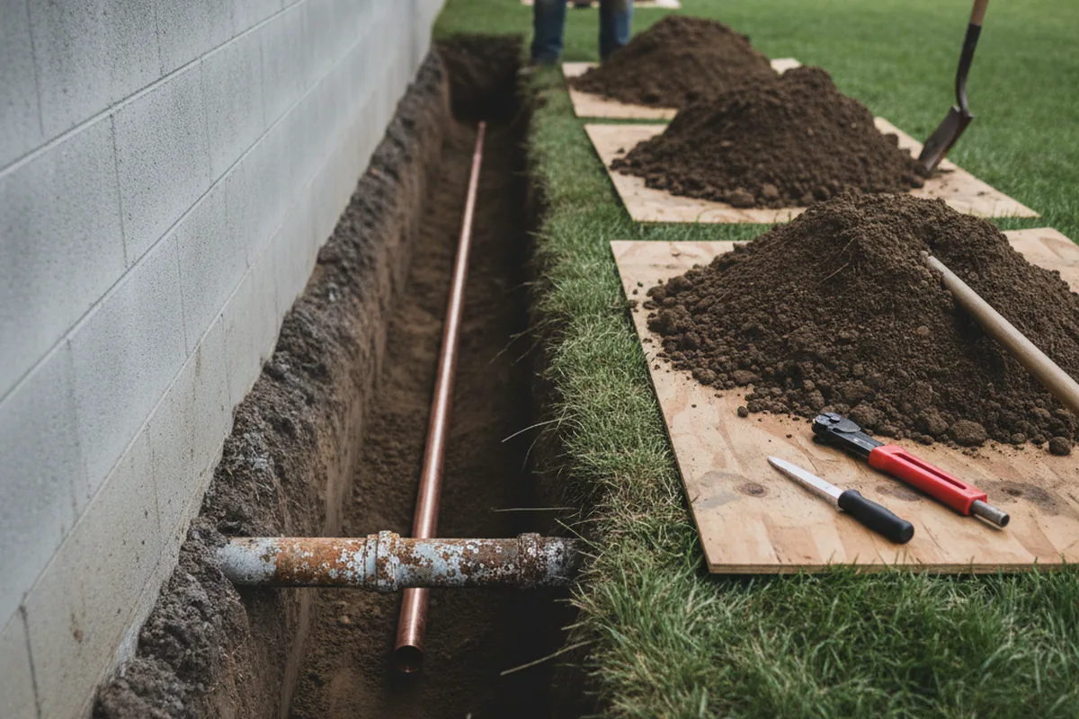 Excavated water line trench during Water Softener Installation in Sunnyside